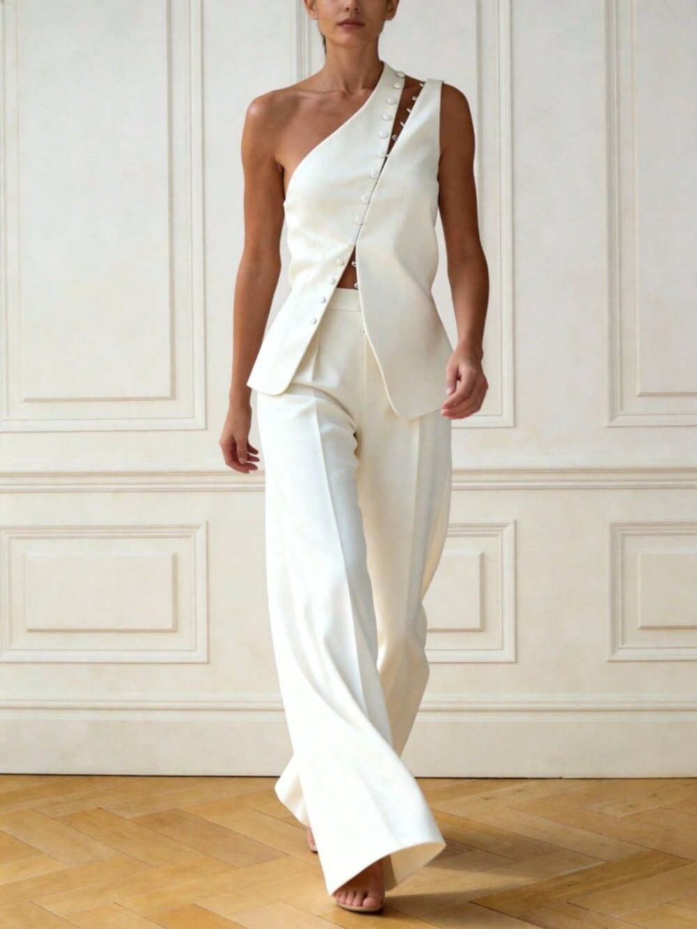 White Casual Women's Minimalist Button Front Button Oblique Shoulder Vest Top - Picture 2 of 8
